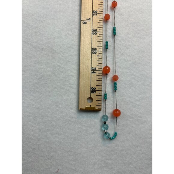 Charming Charlie Coral Turquoise Silver Tone Beaded Necklace Long Adjustable - Picture 4 of 5
